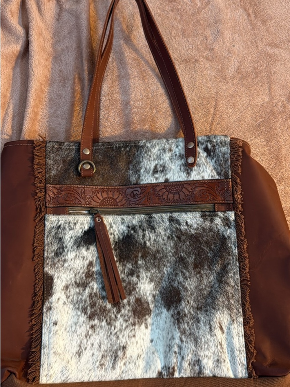 Myra Bag Brown & White Cowhide Shoulder Tote with Tooled Leather Trim